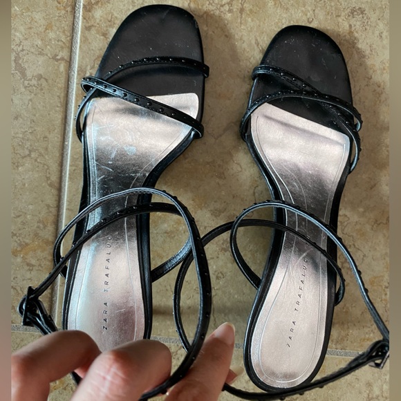 Zara black high heels sandal shoes with thin Crossed studded straps size 38 7.5 - Picture 3 of 11